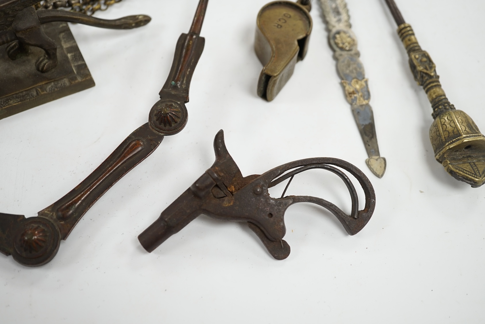 Curios including a miniature percussion pistol, an Art Nouveau pill box and a silver mounted inkwell (7). Condition - poor to fair